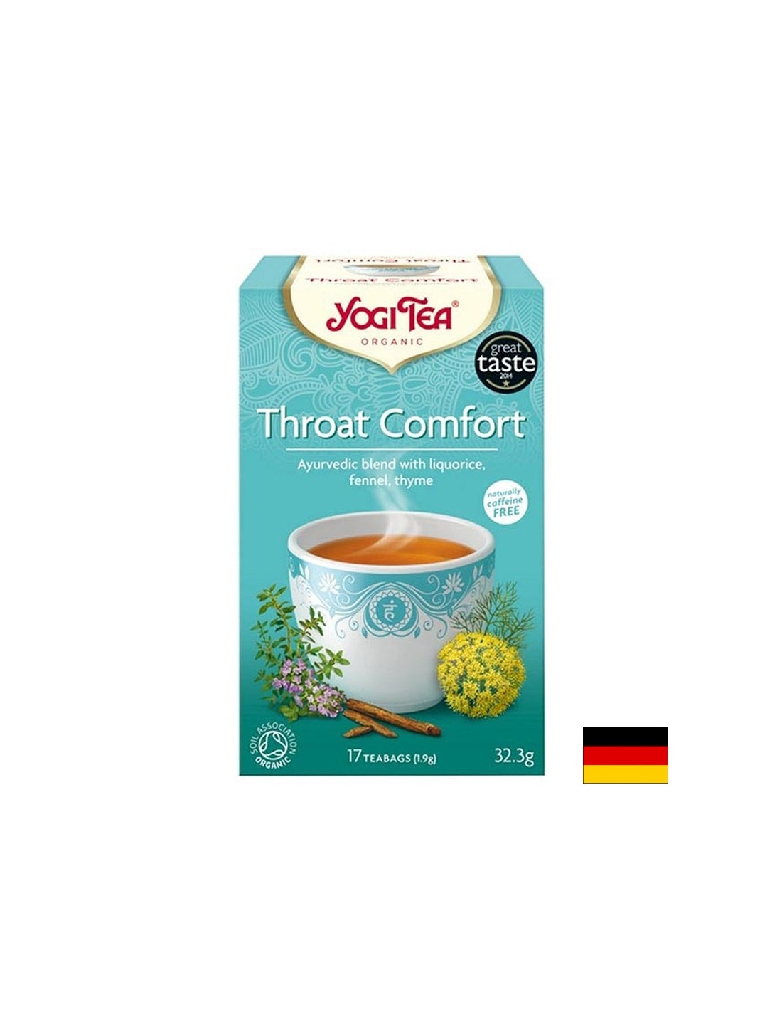 Yogi Tea Throat Comfort – аюрведичен чай за гърло със сладък корен, копър и мащерка, БИО, 17 филтърни пакетчета